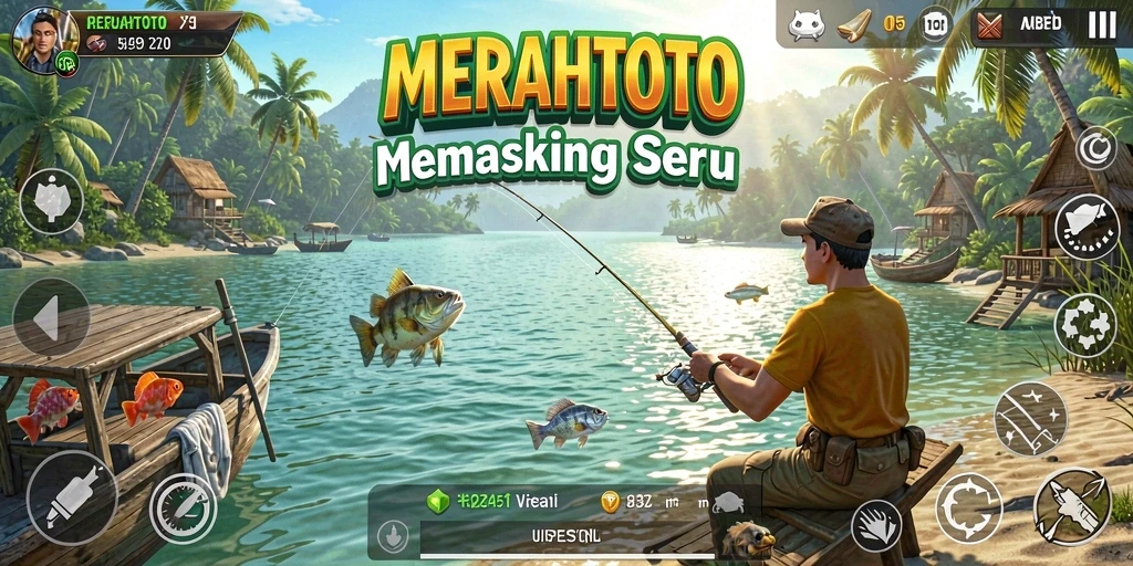 Tampilan utama gameplay MERAHTOTO yang menampilkan suasana memancing.