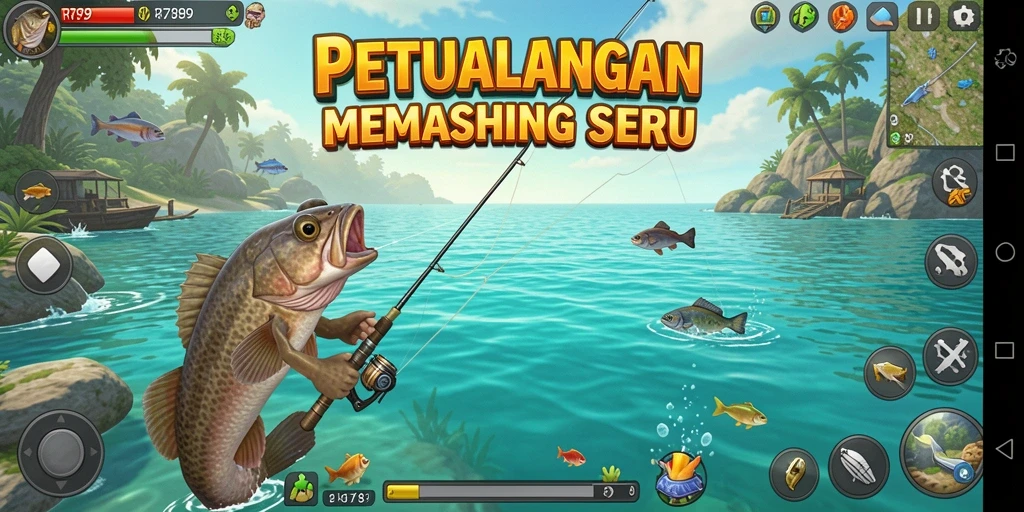 Screenshot gameplay RR789 menunjukkan keseruan memancing di alam yang indah.
