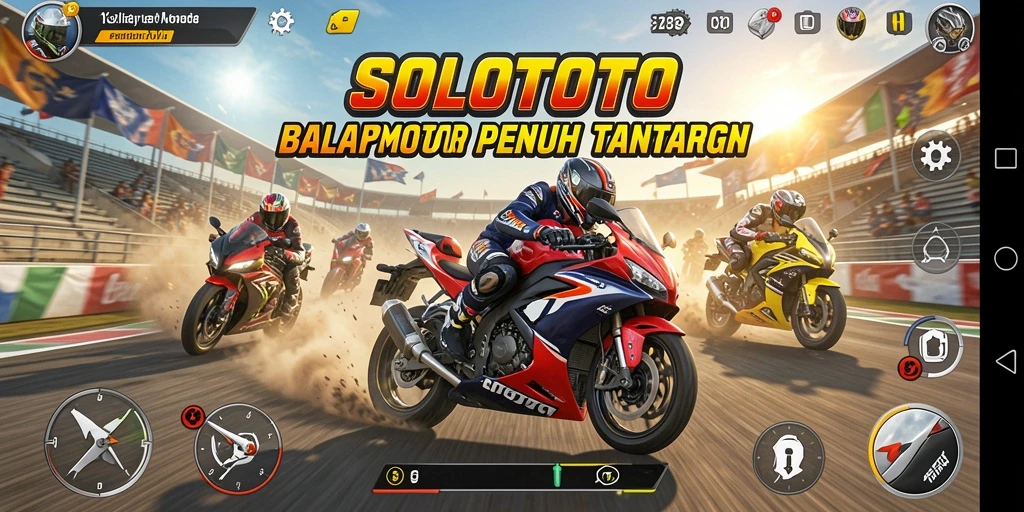 Gameplay seru dari SOLOTOTO yang menampilkan balapan motor yang mendebarkan.