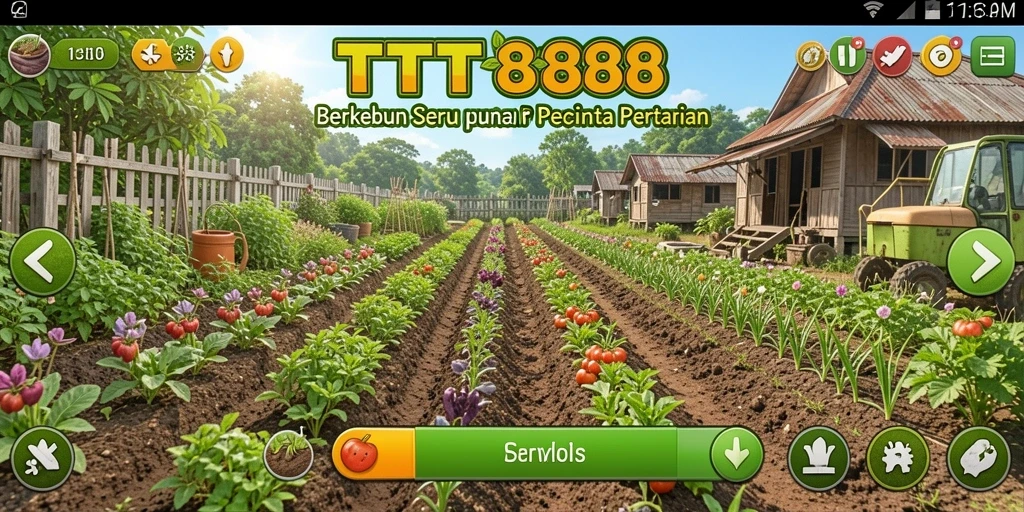 Screenshot utama gameplay TTT888 dengan tampilan kebun yang subur dan beragam tanaman.